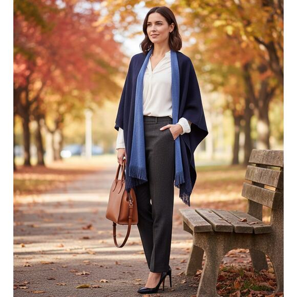 St. John Wool Rayon Blend Shawl Wrap | Reversible Navy & Periwinkle | One Size - Picture 3 of 9